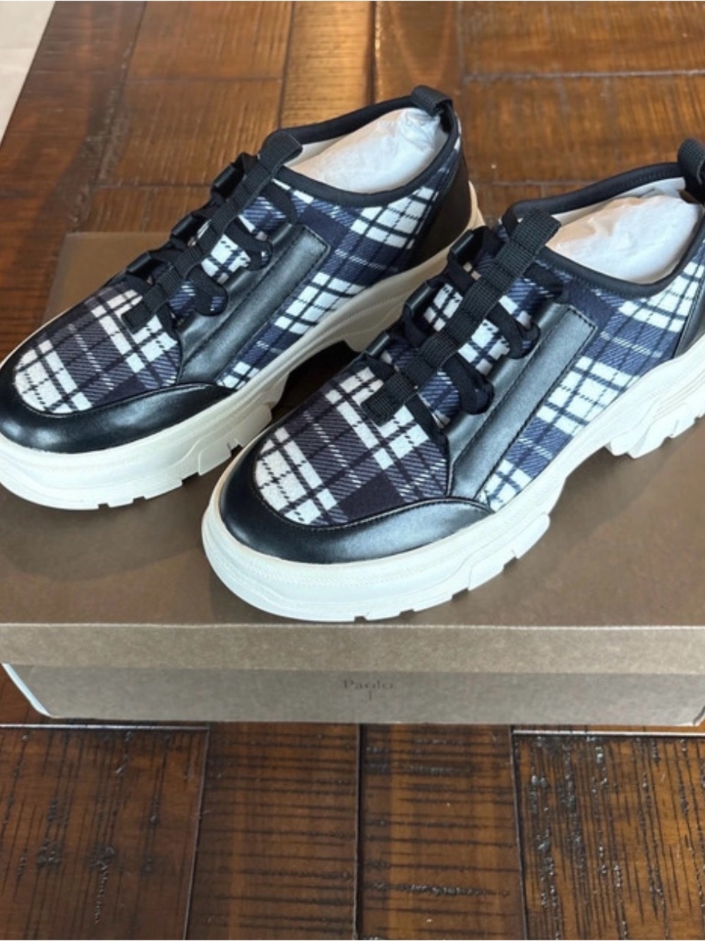 Linea Paolo Plaid Platform Sneakers - Black, White & blue
